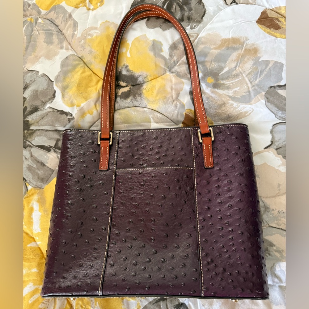 Dooney & Bourke Plum Ostrich-Embossed Tote with Brown Leather Handles - Picture 3 of 16